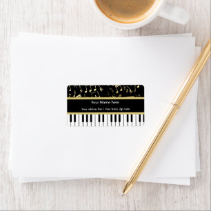 Musiknotizen und Klaviertasten Schwarz und Gold Adressaufkleber
