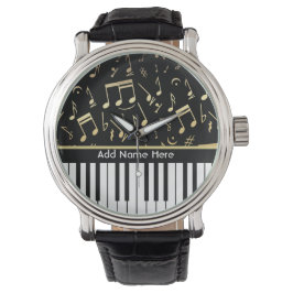 Musiknotizen und Klaviertasten Schwarz und Gold Armbanduhr
