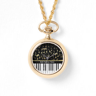 Musiknotizen und Klaviertasten Schwarz und Gold Armbanduhr