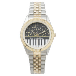 Musiknotizen und Klaviertasten Schwarz und Gold Armbanduhr