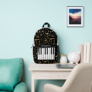 Musiknotizen und Klaviertasten Schwarz und Gold Bedruckter Rucksack