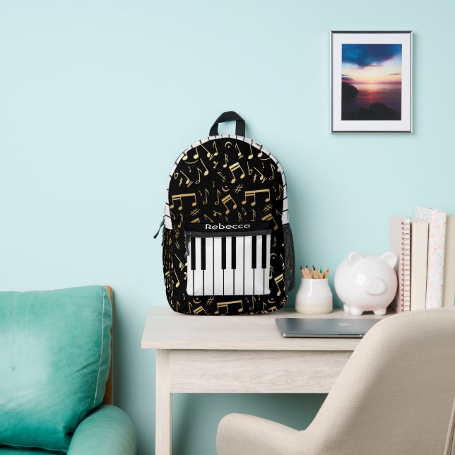 Musiknotizen und Klaviertasten Schwarz und Gold Bedruckter Rucksack (InSitu)