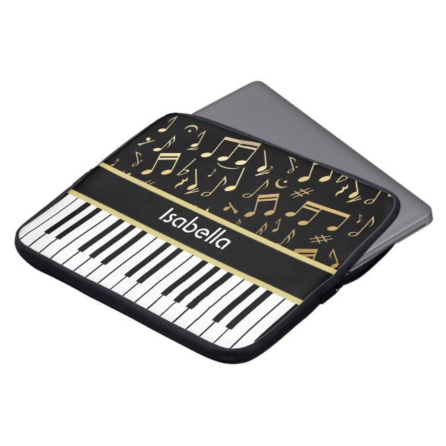 Musiknotizen und Klaviertasten Schwarz und Gold Laptopschutzhülle (Vorne Oben)
