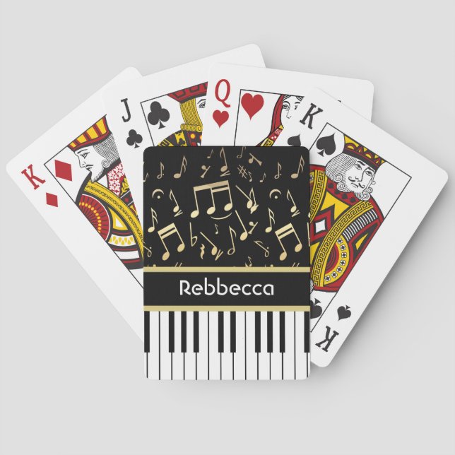 Musiknotizen und Klaviertasten Schwarz und Gold Spielkarten (Rückseite)