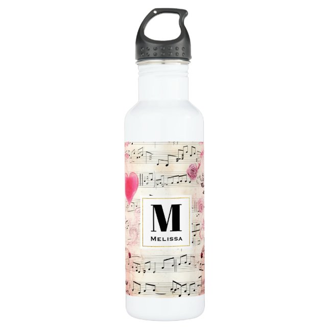 Musiknotizen und Rose Vintages Design Monogramm Edelstahlflasche (Vorderseite)
