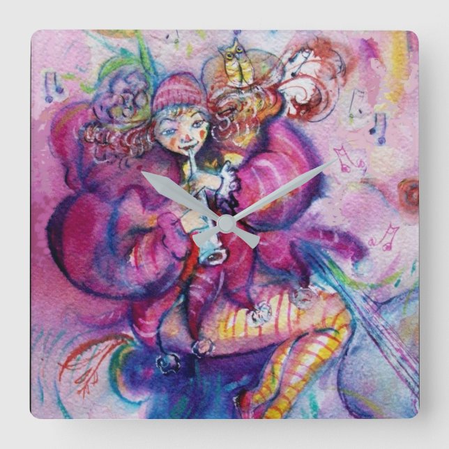 MUSIKPINK CLOWN QUADRATISCHE WANDUHR (Vorderseite)