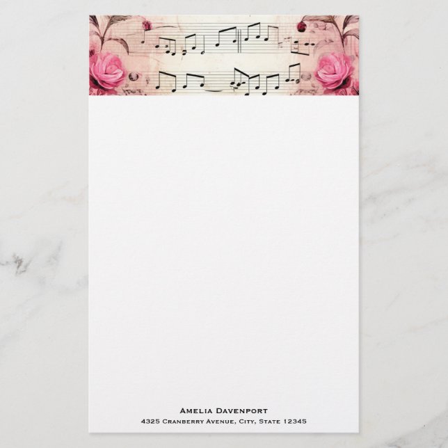 Musikstil: Vintage Noten und Rose Briefpapier (Vorderseite)