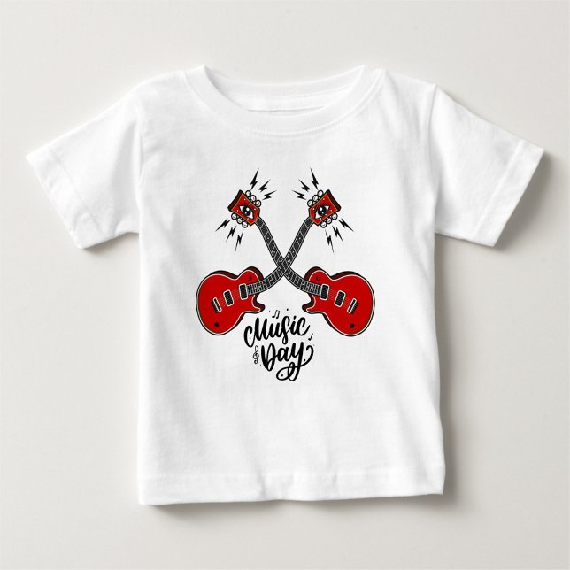 Musiktag Baby T-shirt ( A playful white t-shirt featuring two red guitars.)