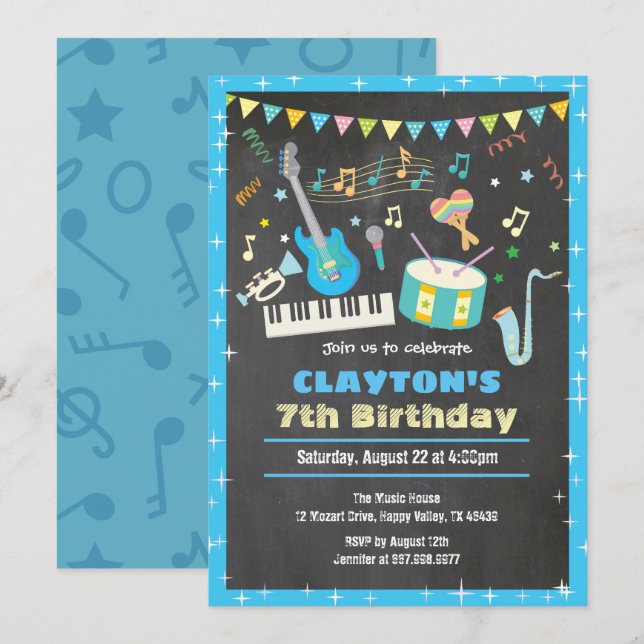 Musique anniversaire invitation chalkboard bleu ga (Devant / Derrière)