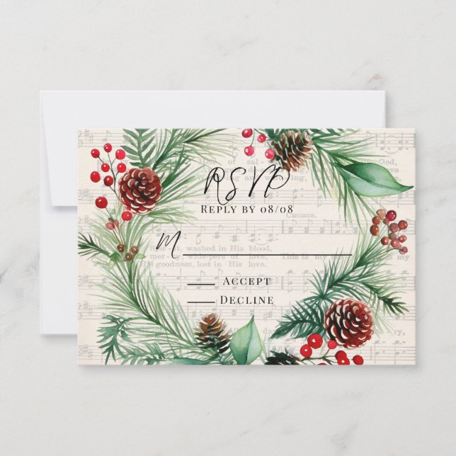 Musique de Noël Rouge Berry Wreath Wedding Carte R (Devant)
