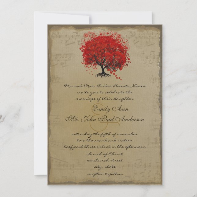 Musique Gold Red Heart Tree Wedding Invitation (Devant)
