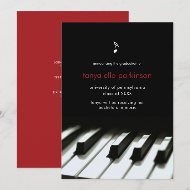 Musique Major Piano Graduation Invitation (Devant / Derrière)