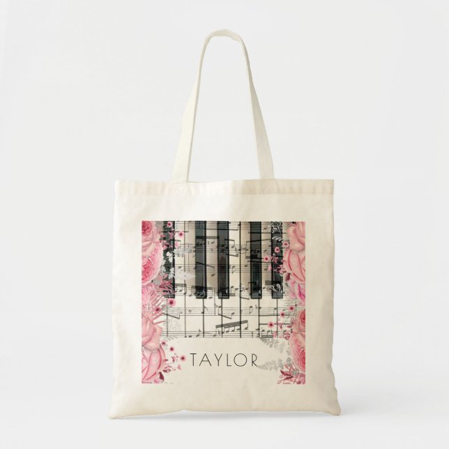 musique piano fleurs roses nom sac fourre-tout (Devant)