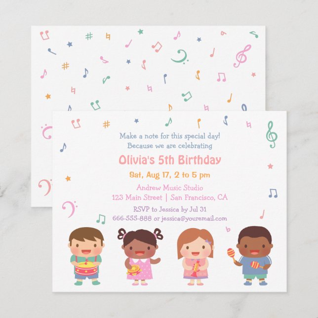 Musique Thème Anniversaire de enfant Invitations (Devant / Derrière)