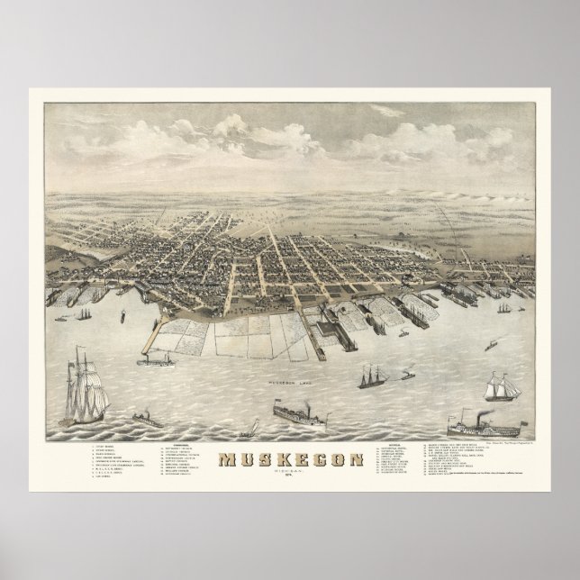 Muskegon, MI Panoramic Map -1874 Poster (Vorne)
