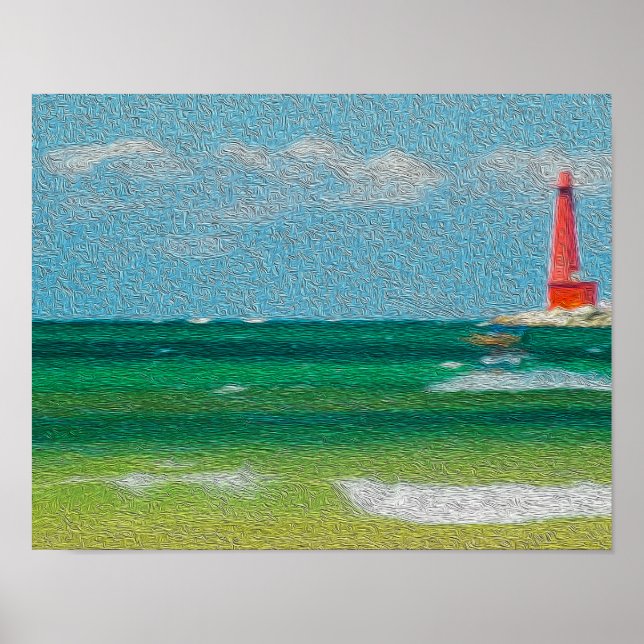 Muskegon, Michigan beach & lighthouse (oil paint) Poster (Vorne)