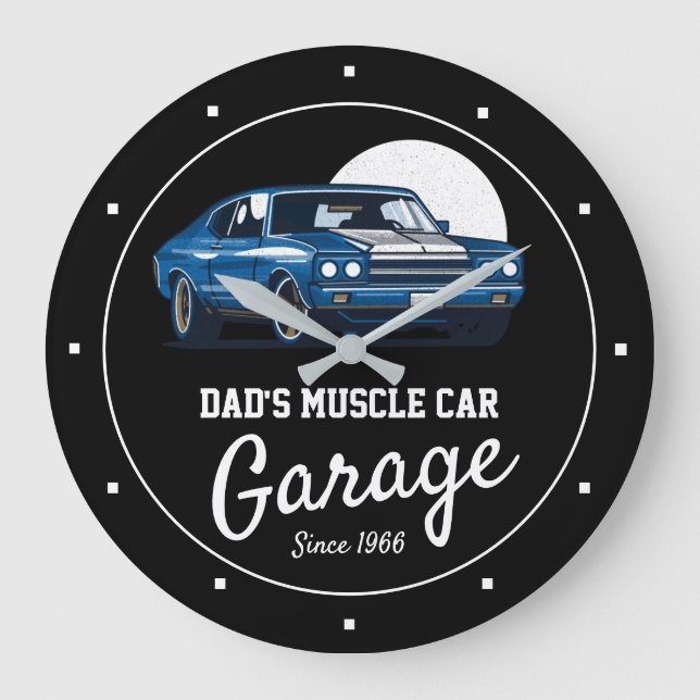Muskel Auto Garage Vater oder irgendein Name Blau  Große Wanduhr (Vorderseite)