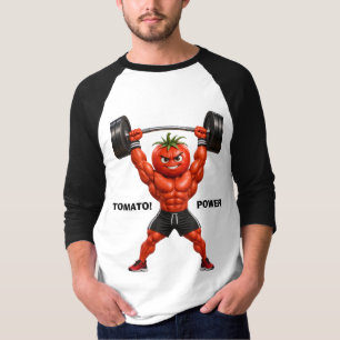 Muskelbepackter Tomaten-Bodybuilder hebt schwere G T-Shirt