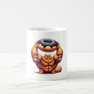 Muskelkatze hebt Donut Kaffeetasse