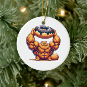 Muskulöse Katze hebt Donut Keramik Ornament