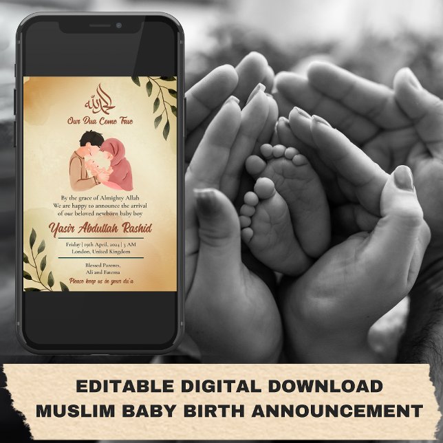 Muslim Baby Boy Birth Ankündigung neuer Eltern (editable digital download birth announcement Muslim Baby Boy Birth Announcement New Parent)