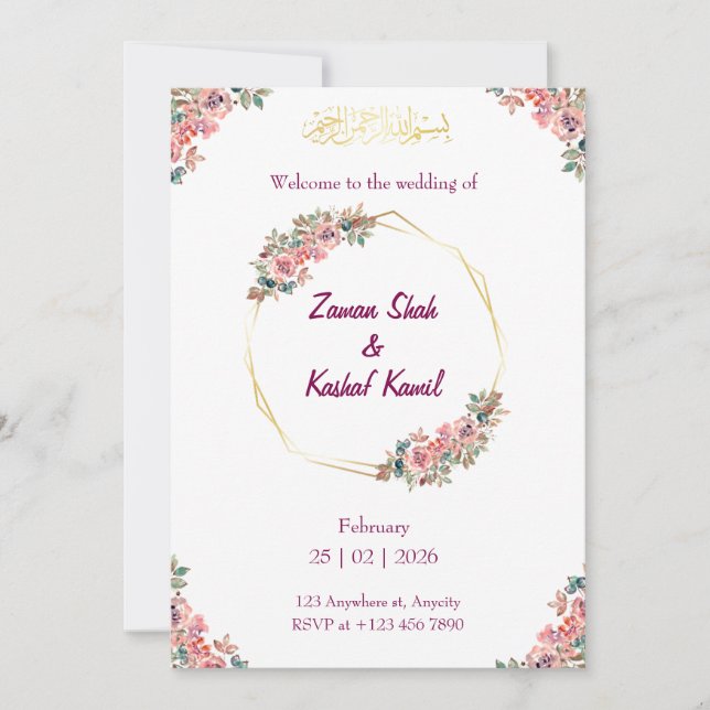 Muslim wedding invitation Floral Nikkah invitation (Devant)