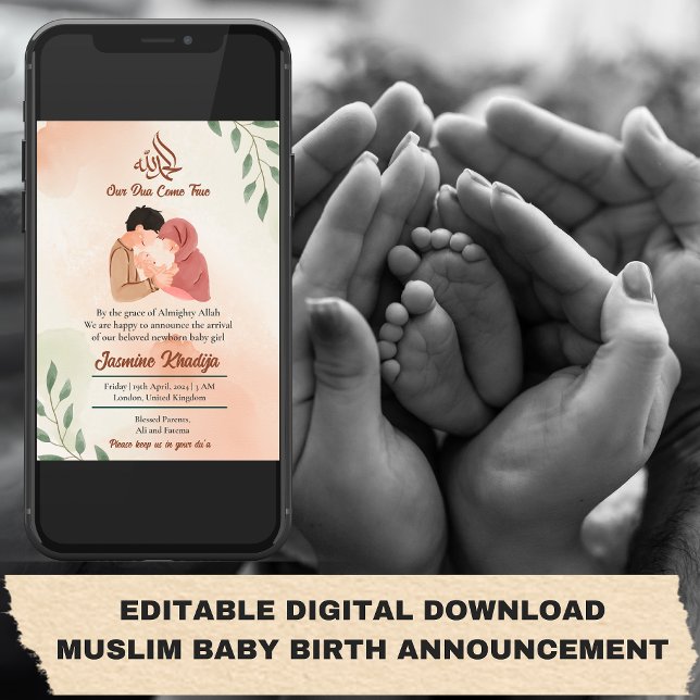 Muslimbaby Girl Birth Ankündigung neuer Eltern (EDITABLE DIGITAL DOWNLOAD MUSLIM BABY BIRTH ANNOUNCEMENT
Muslim Baby Girl Birth Announcement New Pa)