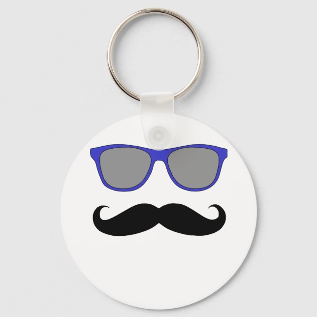 Mustache and Blue Sunglasses Spaß Schlüsselanhänger (Vorderseite)