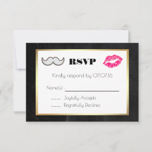 Mustache and Lips Black and Gold Wedding RSVP Karte