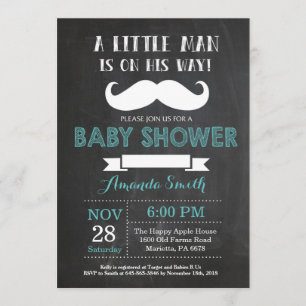 Mustache Baby Shower Einladung Aqua und Grau