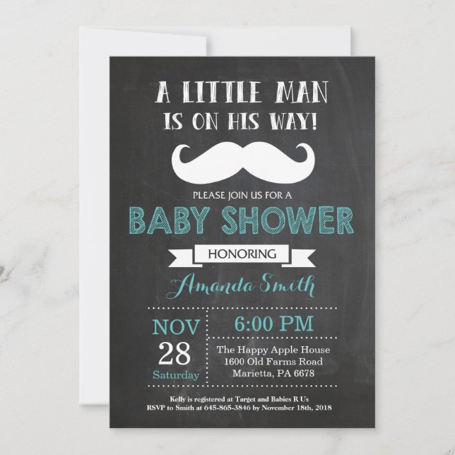 Mustache Baby Shower Einladung Aqua und Grau (Vorderseite)