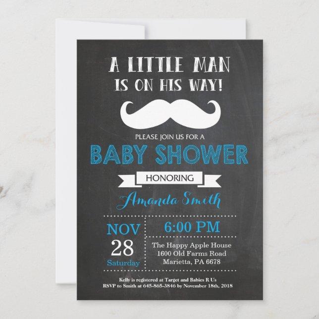 Mustache Baby Shower Einladung Blau und Grau (Vorderseite)