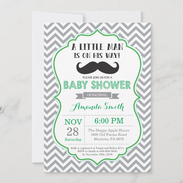 Mustache Baby Shower Einladung Grün und Grau (Vorderseite)