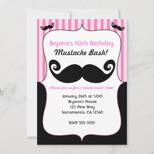 Mustache Bash Girls Pink White Black Einladungen (Vorderseite)