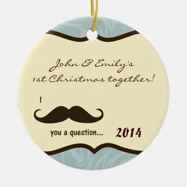 Mustache Blue Damask Personalisierter Name Ornamen Keramik Ornament (Vorne)