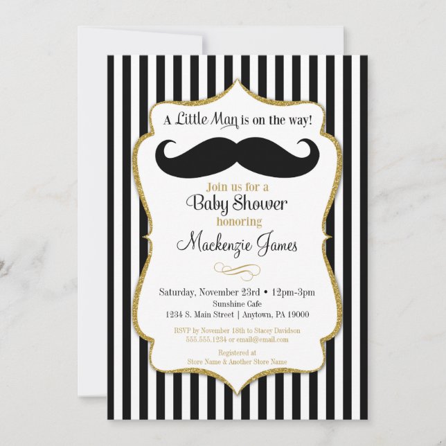 Mustache Boy Baby shower Invitation Black Gold (Devant)