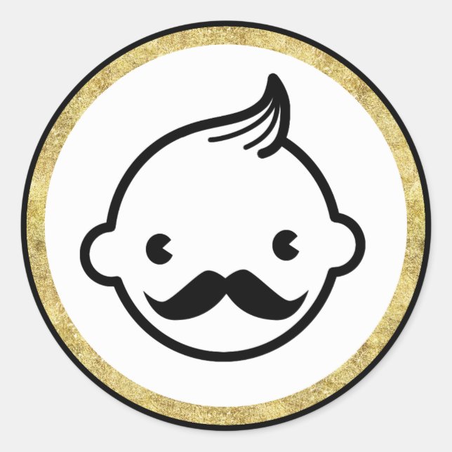 Mustache Boy Modern Gold Border Baby Dusche Runder Aufkleber (Vorderseite)