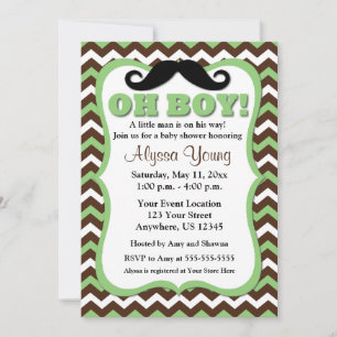 Mustache Brown Green Zickzack Baby Dusche Einladun Einladung