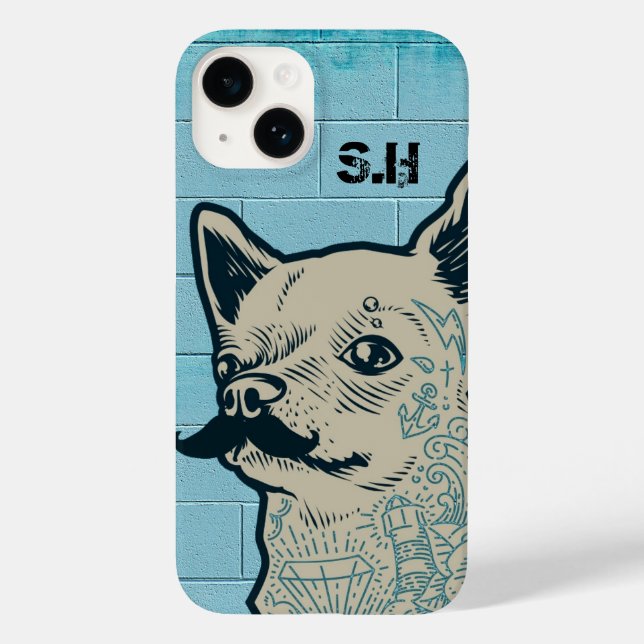 Mustache Chihuahua Graffiti Monogram Case-Mate iPhone 14 Hülle (Rückseite)