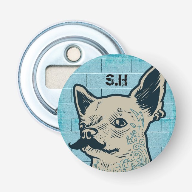 Mustache Chihuahua Graffiti Monogram Flaschenöffner (Vorderseite)