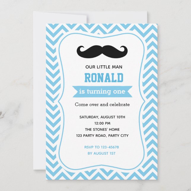 Mustache Einladungen zum Geburtstag (blau Zickzack (Vorderseite)