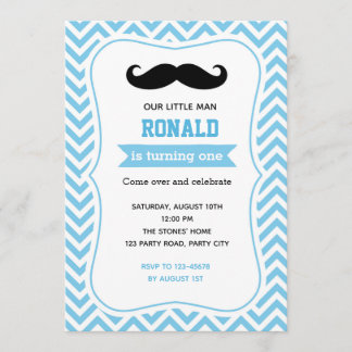 Mustache Einladungen zum Geburtstag (blau Zickzack