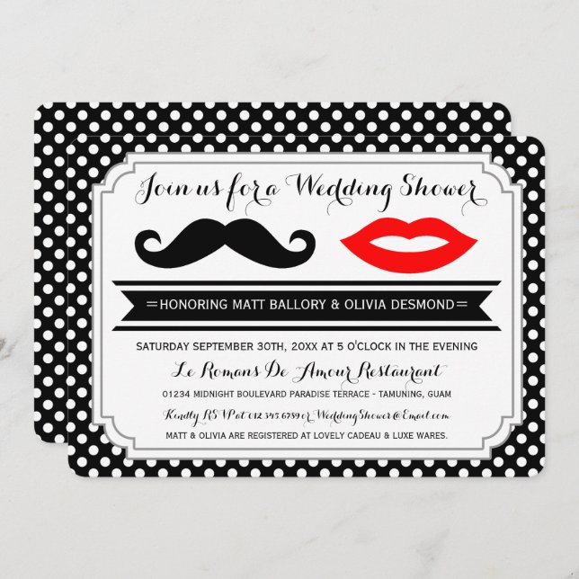 Mustache & Lips Invitations Wedding showers (Devant / Derrière)