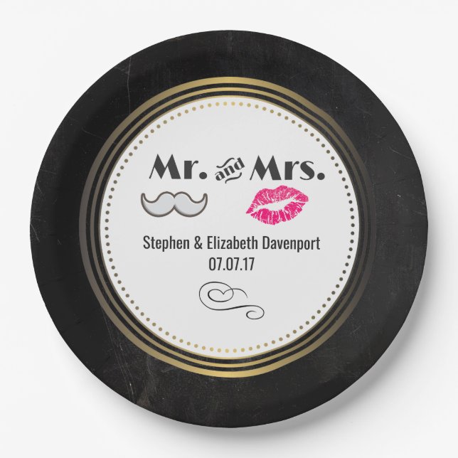 Mustache & Lips Mr. & Mrs. Black & Gold Wedding Pappteller (Vorderseite)