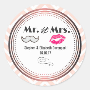 Mustache & Lips Mr. & Mrs Peach Zickzack Wedding Runder Aufkleber