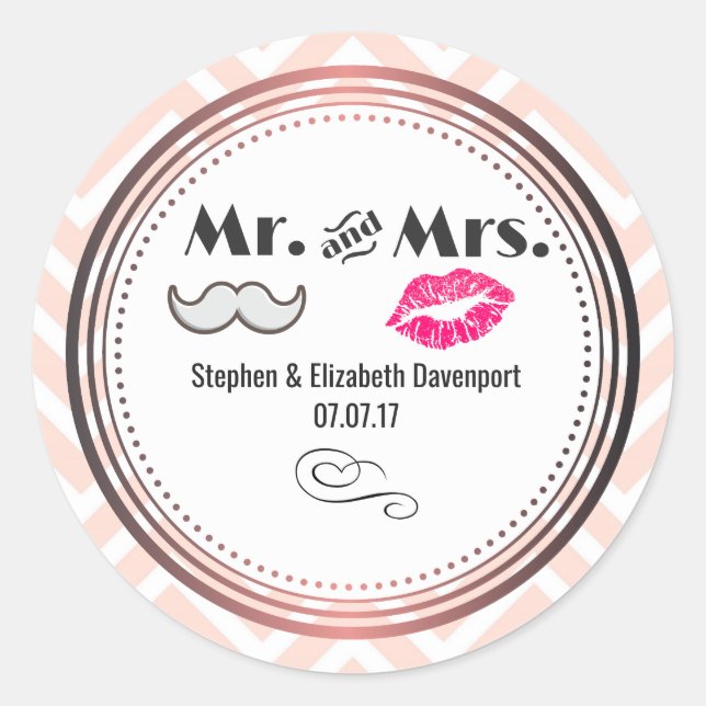 Mustache & Lips Mr. & Mrs Peach Zickzack Wedding Runder Aufkleber (Vorderseite)