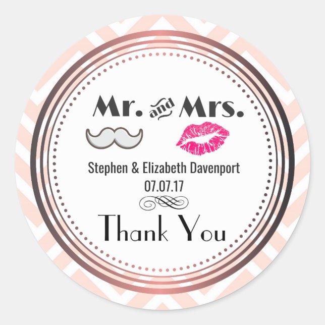Mustache & Lips Mr. & Mrs Wedding Vielen Dank Runder Aufkleber (Vorderseite)