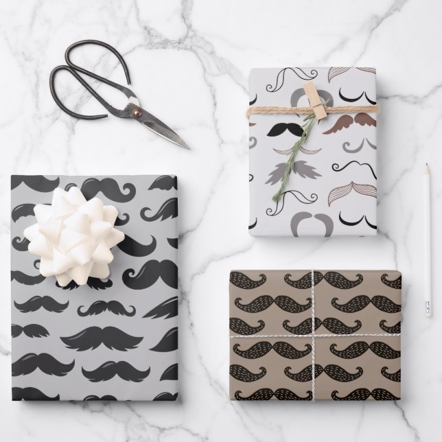 Mustache Mania Geschenkpapier Set (Vorderseite)