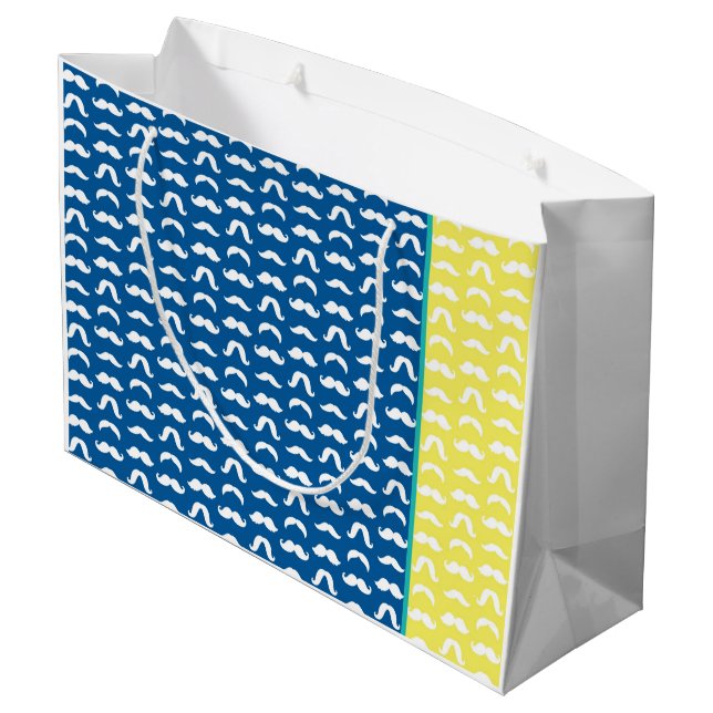 Mustache Muster blau gelb farbiger Design Spaß Große Geschenktüte (Rückseite Schrägansicht)
