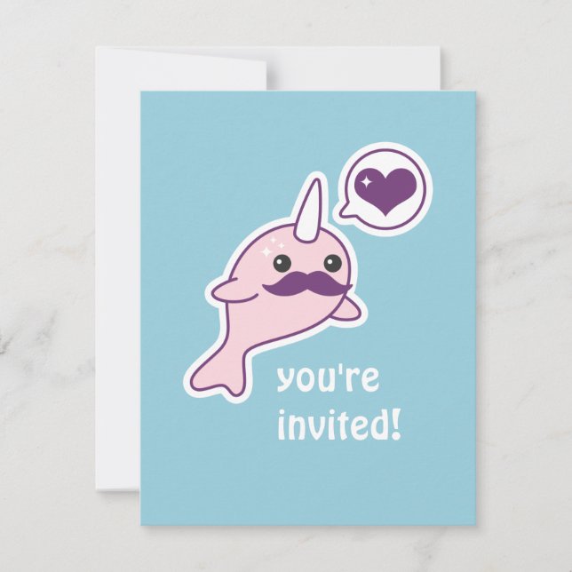 Mustache Narwhal Kindergeburtstag Party Einladunge Einladung (Vorderseite)